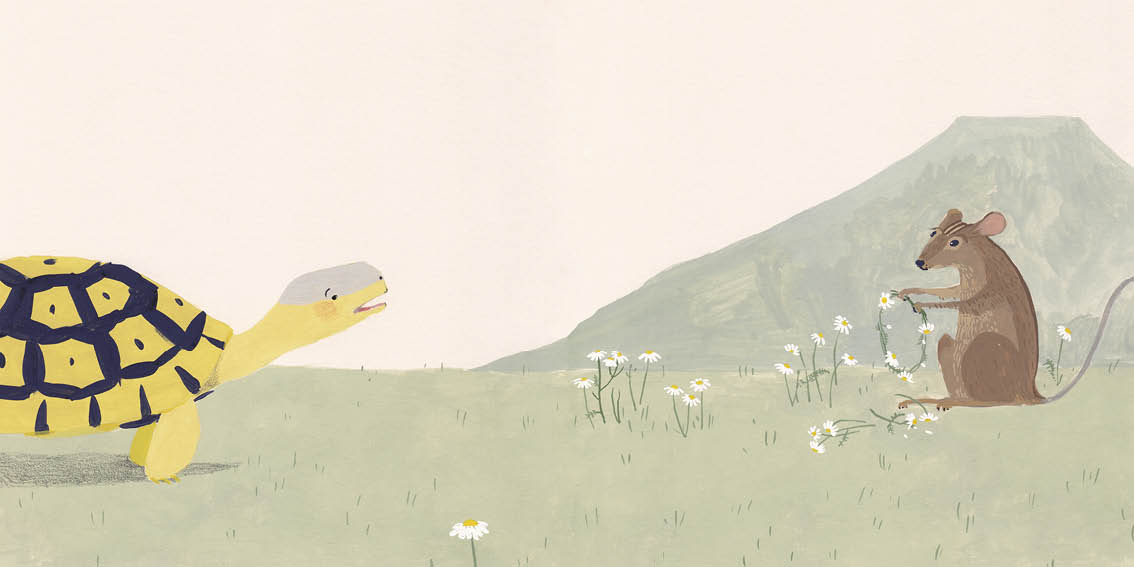 The animals find Mouse. He is making a daisy chain.