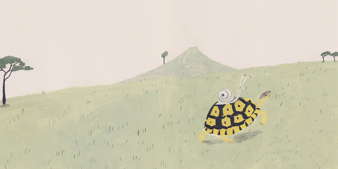 Snail travels on Tortoise's back.