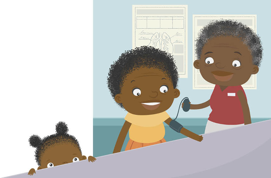 The clinic sister checks her mother's blood pressure.