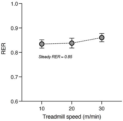 Line graph showing respiratory exchange ratio, labeled RER, on the y-axis from 0.6 to 1.0, and treadmill speed in meters per minute on the x-axis at 10, 20, and 30. Three data points with error bars form a slightly increasing trend, with the lowest value around 10 meters per minute and the highest at 30 meters per minute. "Steady RER approximately 0.85" is noted near the first data point.