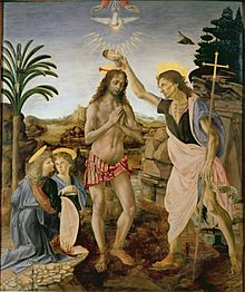 Andrea del Verrocchio, Leonardo da Vinci - Baptism of Christ - Uffizi
