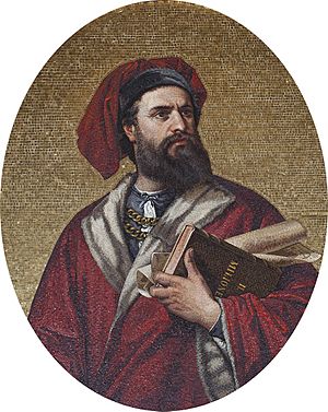 Marco Polo with a fur cap and red robes, holding a bow and a sword in its sheath