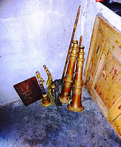 Tibetan trumpets at Tagthok Gompa, Ladakh. 2010