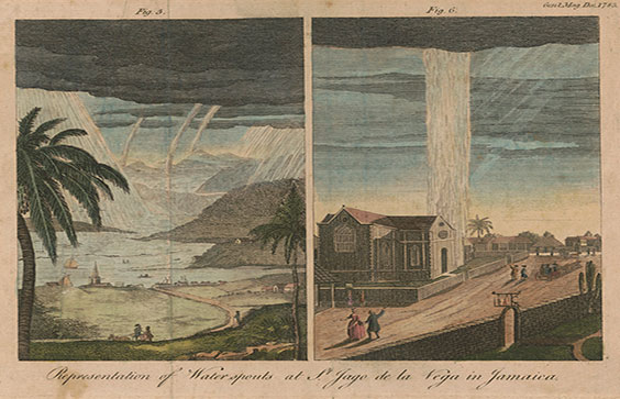 Representation of waterspouts at St. Jago de la Vega in Jamaica. Prints & Photographs Division, Library of Congress.