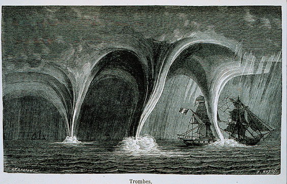 “Trombes” A sailing vessel in peril from multiple waterspouts In: “Les Meteores”, Margolle et Zurcher, 3rd Edition, 1869