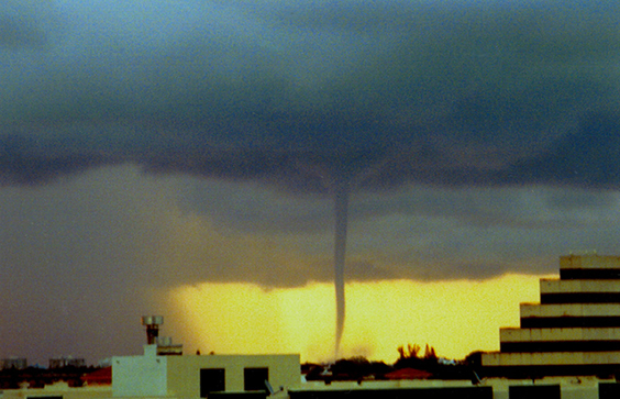 A waterspout off the coast of Miami. It later came ashore as an F0 tornado. August, 2003. Neal Dorst, photographer. Nati