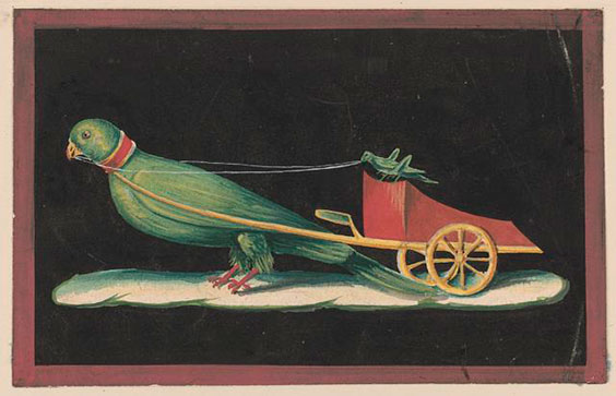 Frescoe at Pompeii showing a parrot pulling a chariot driven by a cricket. Lithograph by Giacomo Lenghi, [between 1840 a