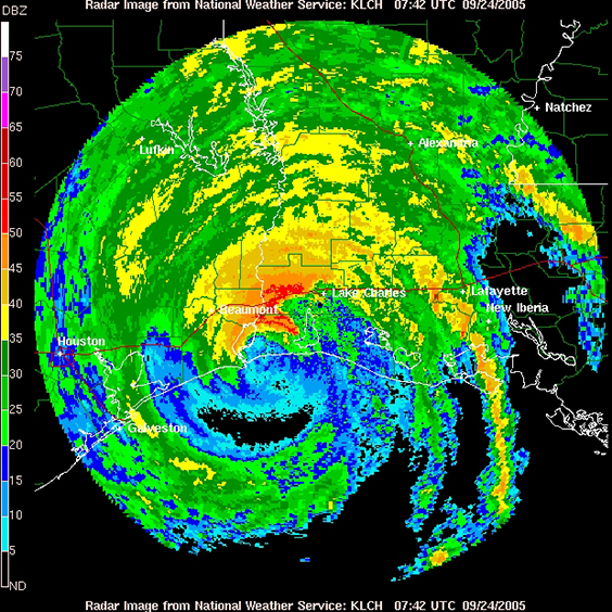 Hurricane Rita making landfall near Beaumont, Texas. September 24, 2005. Lake Charles WFO Radar, NOAA Photo Library.