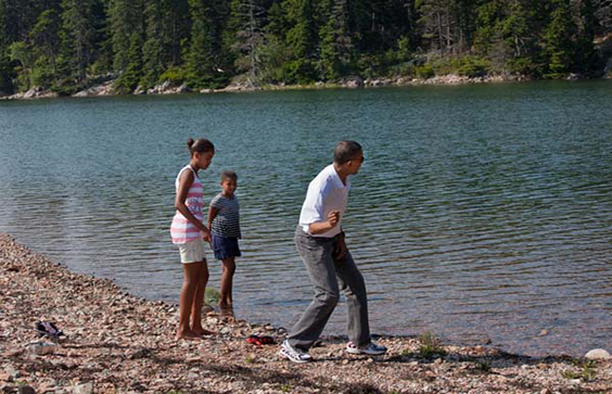 On a weekend trip to Acadia National Park in Maine, the President showed his daughters, Malia and Sasha, how to skip sto