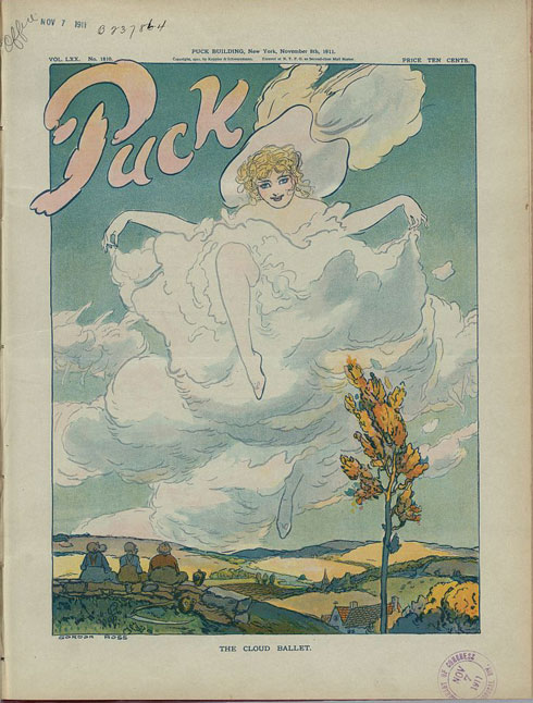 Illustration shows three old men sitting on a stonewall watching the clouds form beautiful ballerinas dancing a ballet.