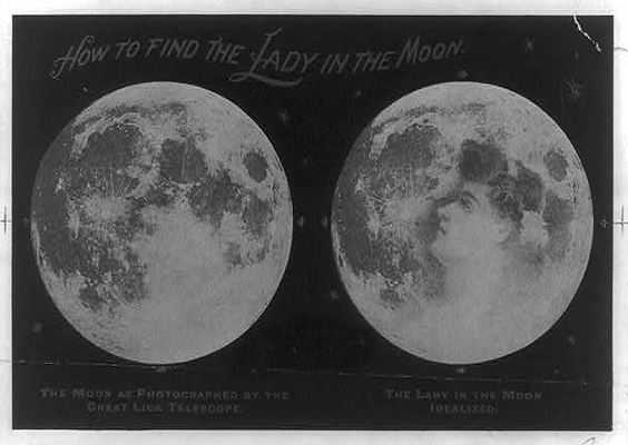 How to find the lady in the moon. 2 views of the moon, “as photographed by the great Lick Telescope”, and showing “the l