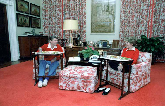 The Reagans eating on TV trays in the White House residence, November, 1981. Ronald Reagan Presidential Library and Muse