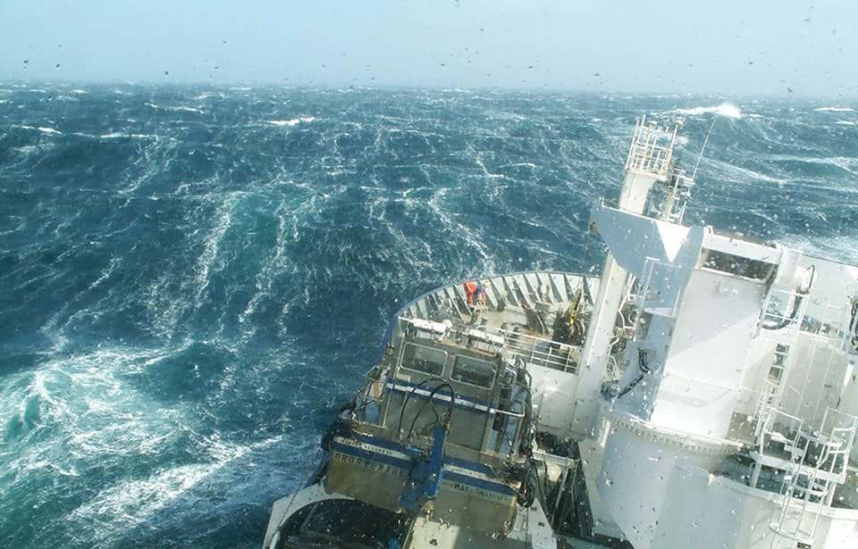 A research vessel ploughs through the waves, braving the strong westerly winds of the Roaring Forties in the Southern Ocean. Credit: Nicolas Metzl, LOCEAN/IPSL Laboratory