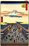 Surugacho (Suruga Street) (1856), from One Hundred Famous Views of Edo by Hiroshige, depicting the Echigoya kimono and money exchange store with Mount Fuji in background