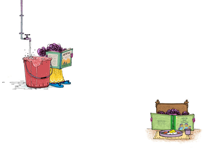 Girl reading a book while filling a bucket and during breakfast