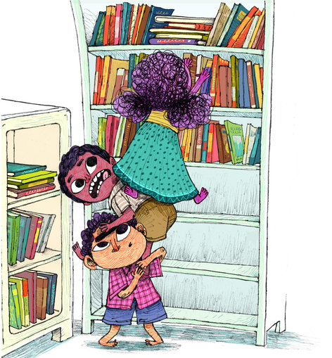 Boys helping girl to get on the bookshelf