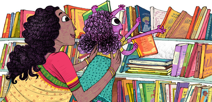 Lady showing girl books on the bookshelf