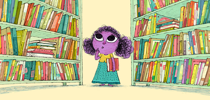 Girl standing in the middle of library
