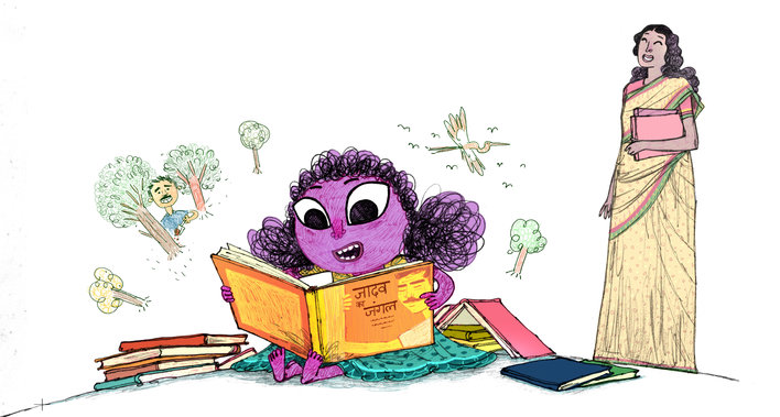 Lady watching a girl read book