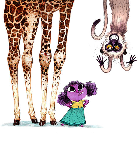 Girl standing with a giraffe and a monkey