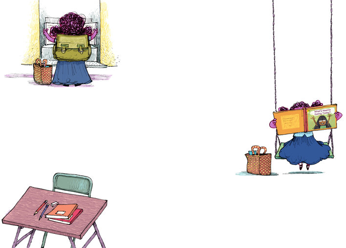 Girl reading a book on a swing, empty study table, Girl leaving for school