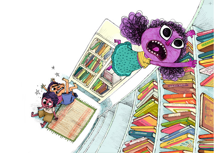 A little girl stuck on a bookshelf, boys on the floor