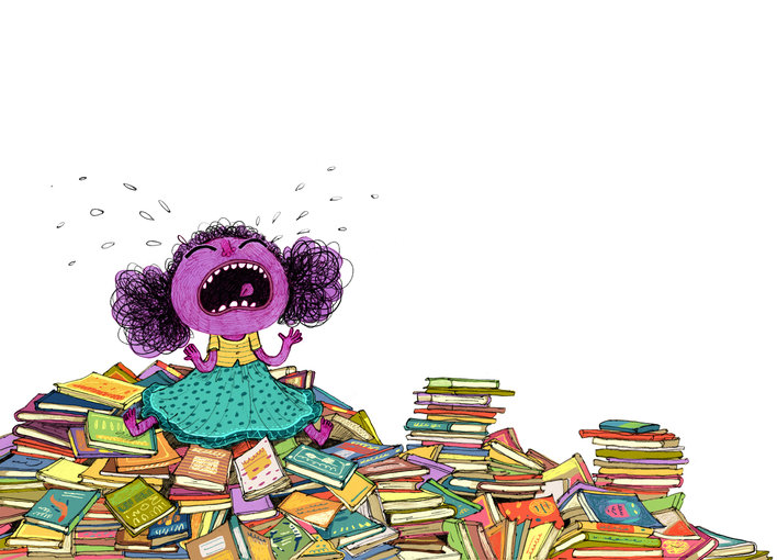 A little girl crying on a pile of books