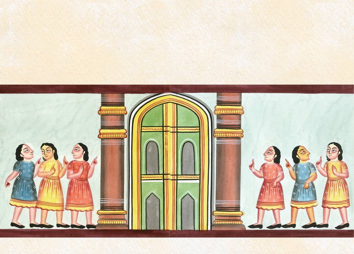 Girls at the entrance of a museum