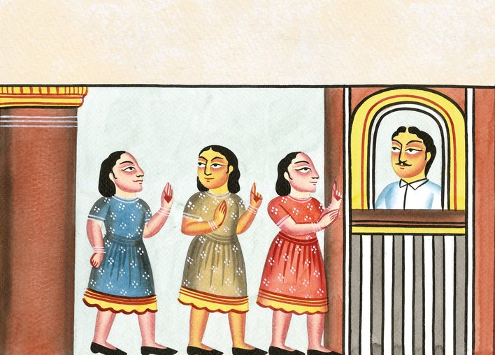 Girls standing in line at the museum ticket counter
