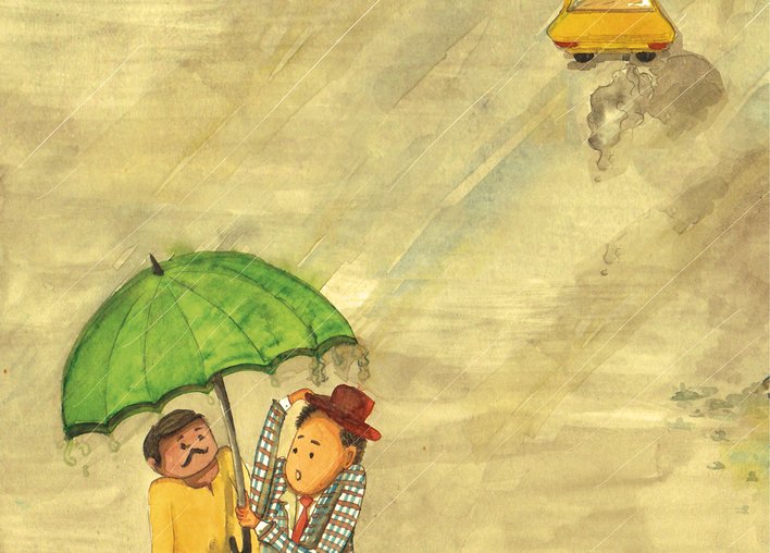 Men standing under an umbrella