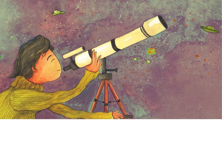 Carl Sagan looking at the sky through his telescope