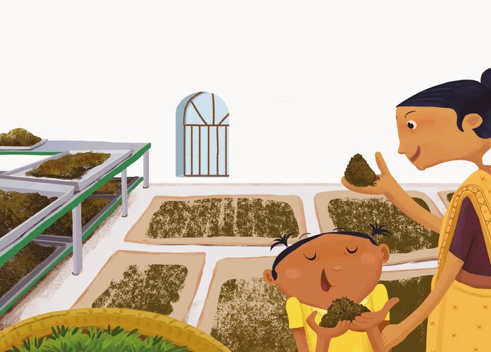 Girl and her mother enjoy the smell of the tea leaves