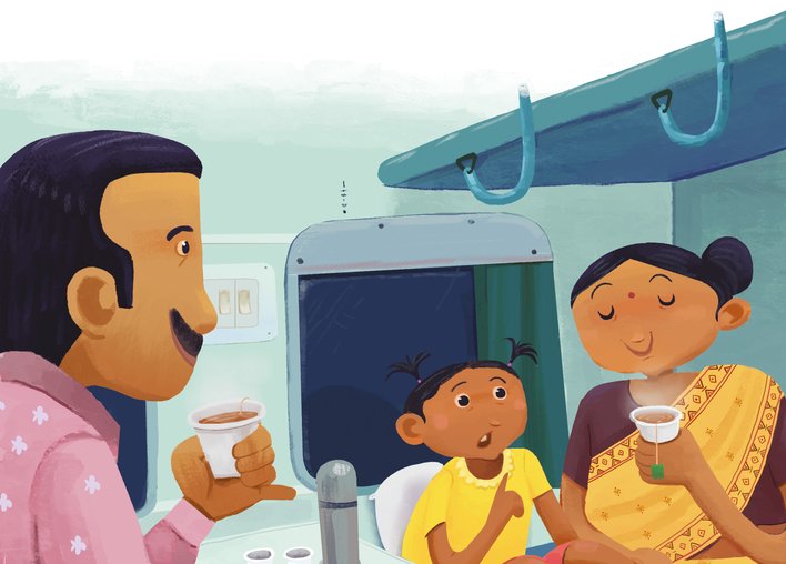 Girl and her parents are sitting in the train while the parents are sipping tea