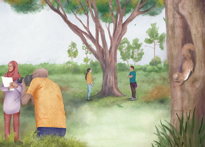 Many people observing trees