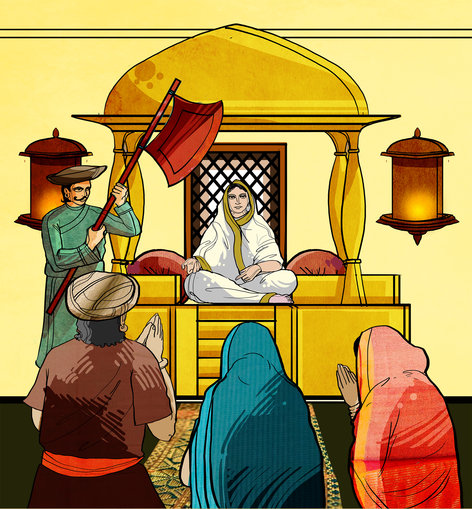 Many people sitting in front of the queen