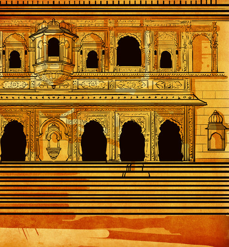 A golden palace with doors and windows