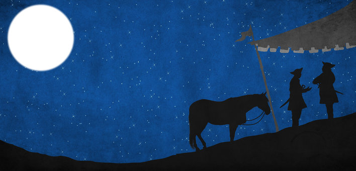 A silhouette of men and a horse at night