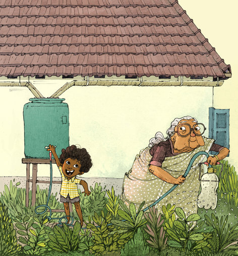 An old woman and a young boy out in the garden