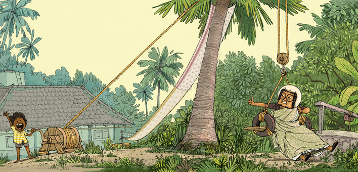 A boy helping his grandmother pick coconuts