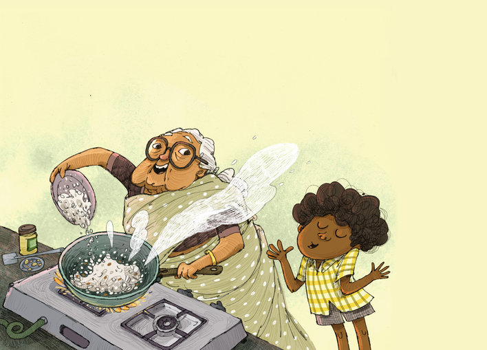 Grandmother cooking and boy watching