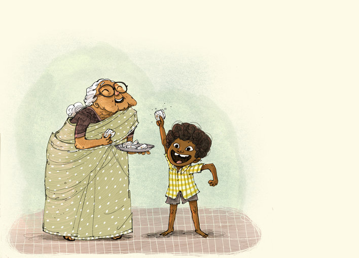 Grandmother and her grandson eating coconut barfi