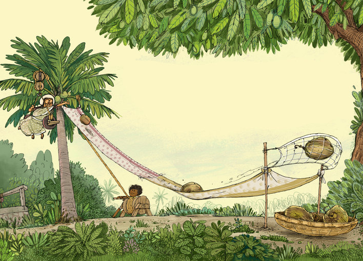 An old woman picking coconuts with her grandson