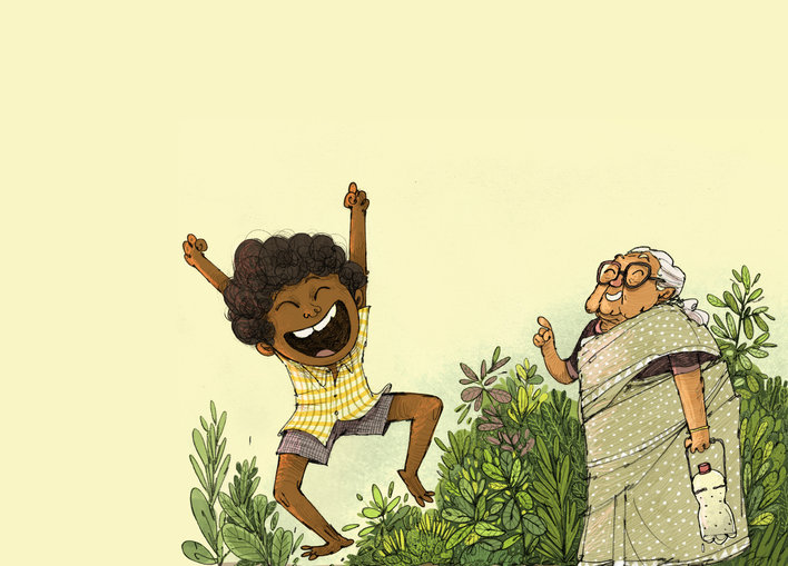 A boy jumping with joy, a smiling old woman