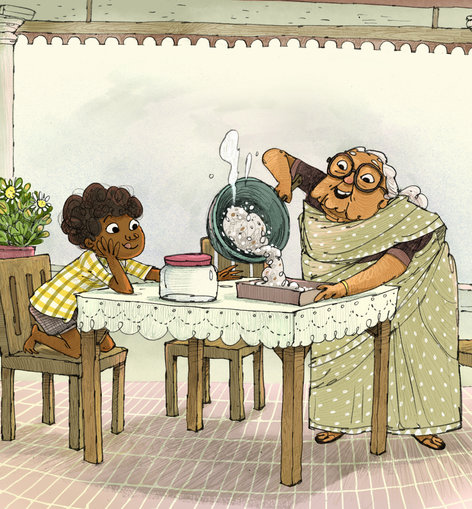 An old woman pouring food into a tray