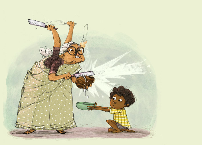 A grandmother cutting open a coconut, a boy with a bowl