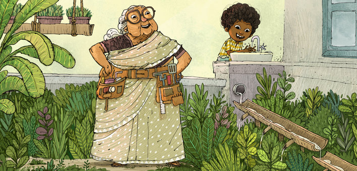 An old lady with her tool kit and a boy washing his hands in the garden