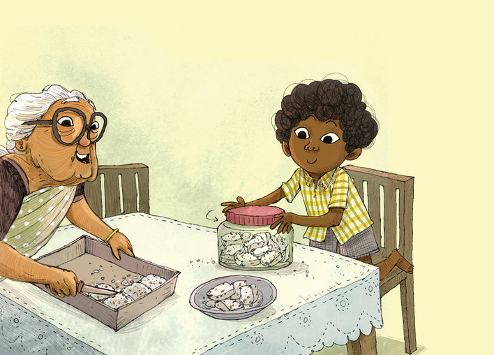 Grandmother cutting slices of coconut barfi