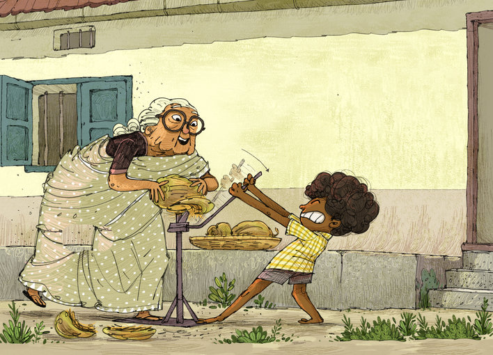 A boy and his grandmother trying to cut open a coconut