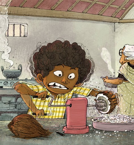 A boy grating coconuts in the kitchen