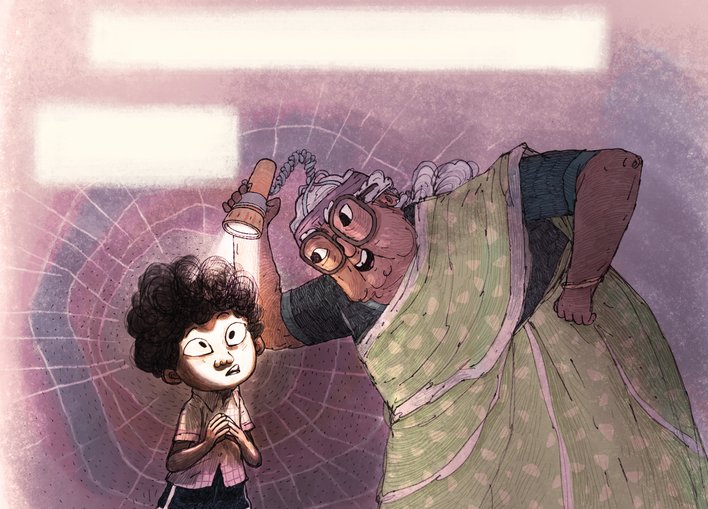 Grandmother pointing torch at the boy